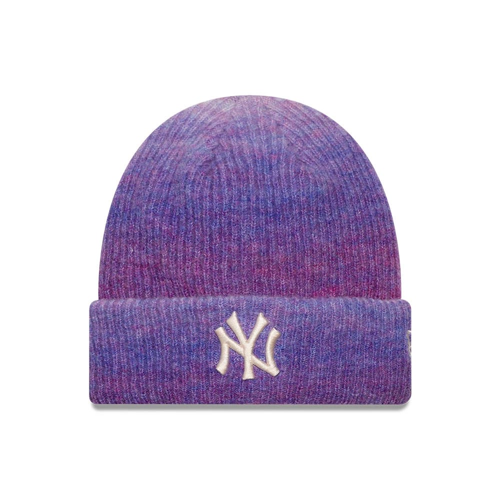 Pictured is this Youth MLB Ombre New York Yankees Cuff Knit Beanie hat in purple. 1
