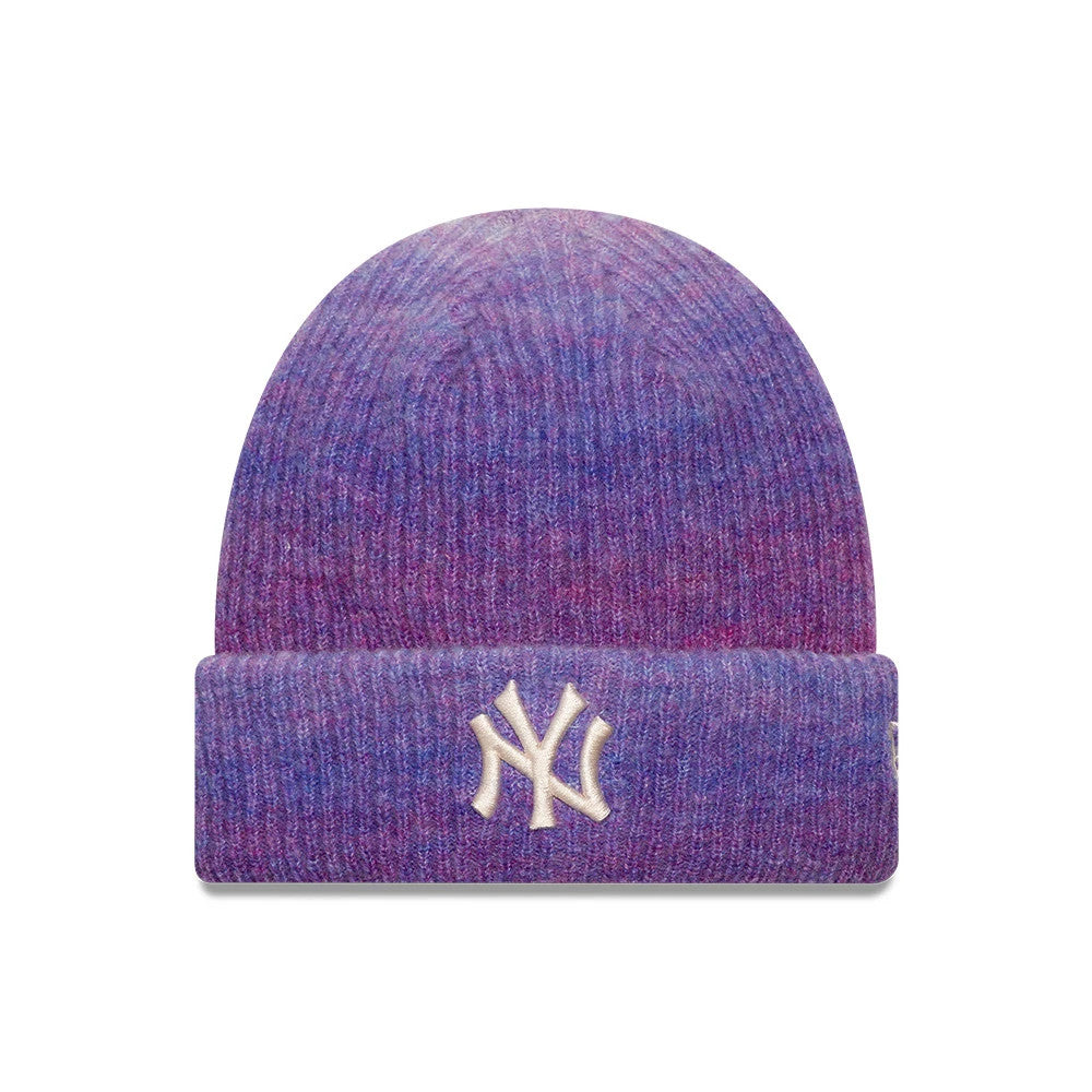 Pictured is this Youth MLB Ombre New York Yankees Cuff Knit Beanie hat in purple. 1