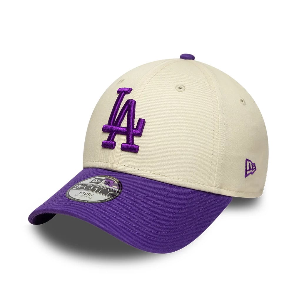 Pictured is this Youth MLB League Essential LA Dodgers 9FORTY cap in cream. 1