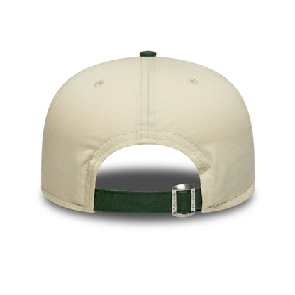 New Era Washed Graphic Cream & Green 19TWENTY Adjustable Cap, rear view showing a cream-coloured crown with matching eyelets and a green top button, featuring an adjustable green strap with a buckle closure at the back.