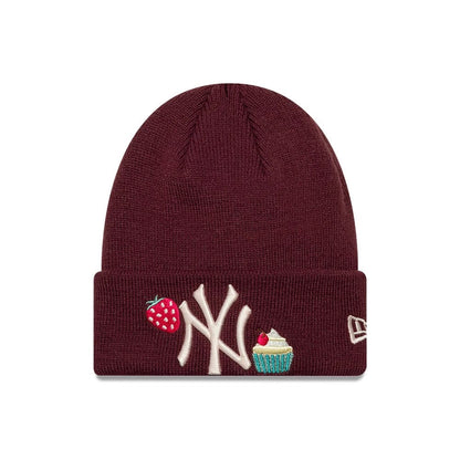 Pictured is this Child MLB Food Icon New York Yankees Cuff Knit Beanie hat in dark red. 1