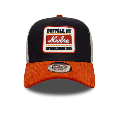 Pictured is this New Era Patch Cord 9FORTY A-Frame Trucker cap in navy. 2