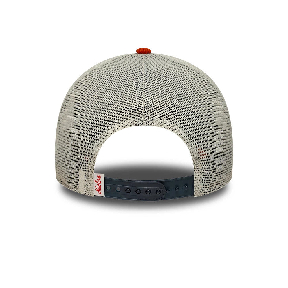 Pictured is this New Era Patch Cord 9FORTY A-Frame Trucker cap in navy & red. 4