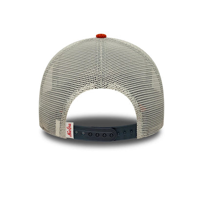 Pictured is this New Era Patch Cord 9FORTY A-Frame Trucker cap in navy & red. 4