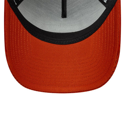 Pictured is this New Era Patch Cord 9FORTY A-Frame Trucker cap in navy & red. 5