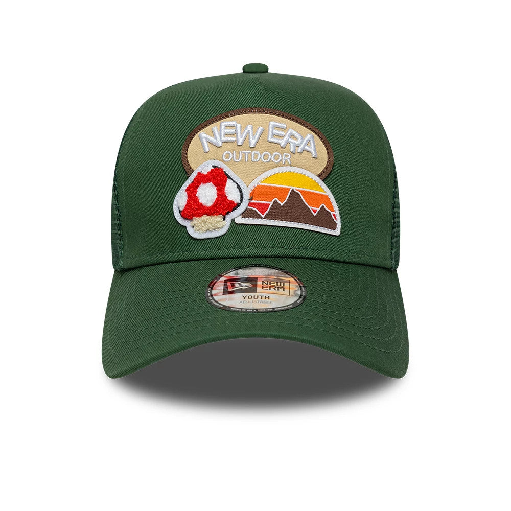 Pictured is this Youth New Era Outdoor 9FORTY A-Frame Trucker cap in dark green. 2