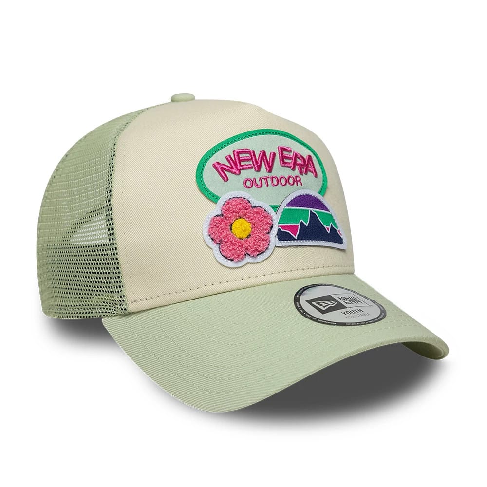 Pictured is this Youth New Era Outdoor 9FORTY A-Frame Trucker cap in pastel green. 3
