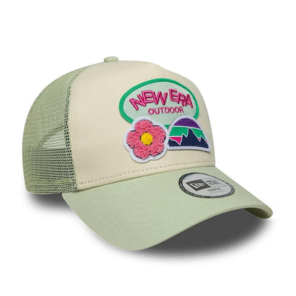 Pictured is this Youth New Era Outdoor 9FORTY A-Frame Trucker cap in pastel green. 3