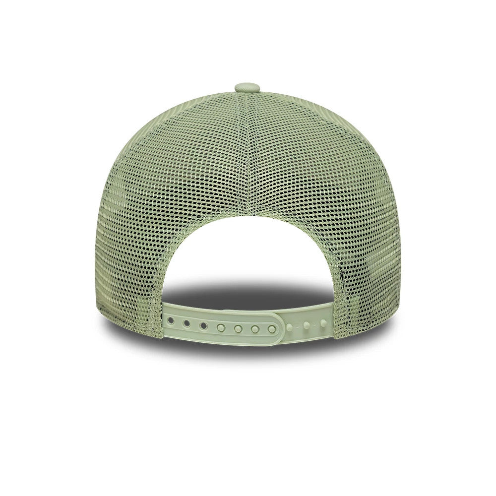 Pictured is this Youth New Era Outdoor 9FORTY A-Frame Trucker cap in pastel green. 4