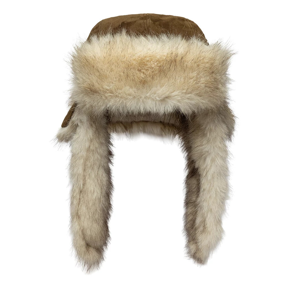 Pictured is this New Era Suede Trapper hat in brown. 2
