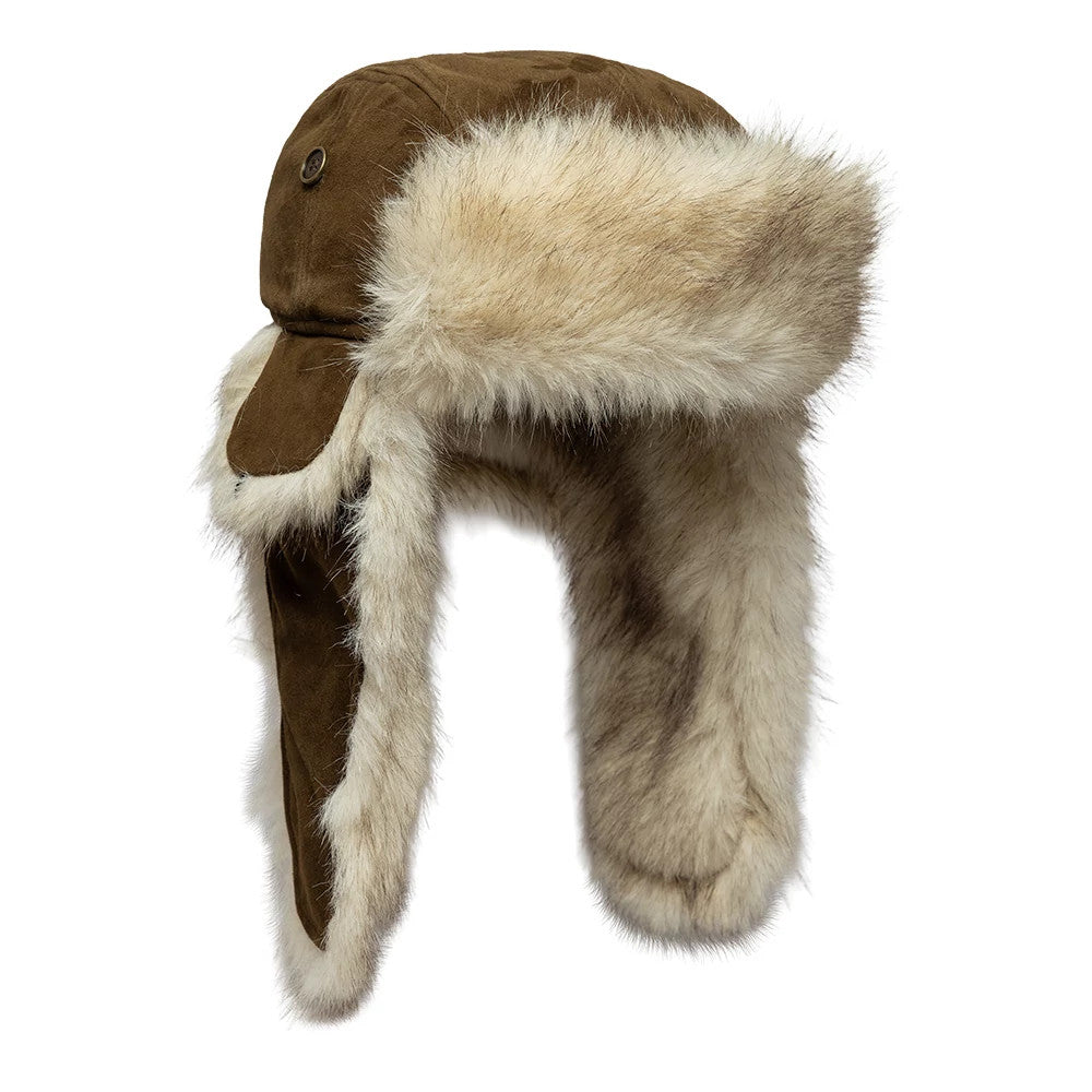 Pictured is this New Era Suede Trapper hat in brown. 3