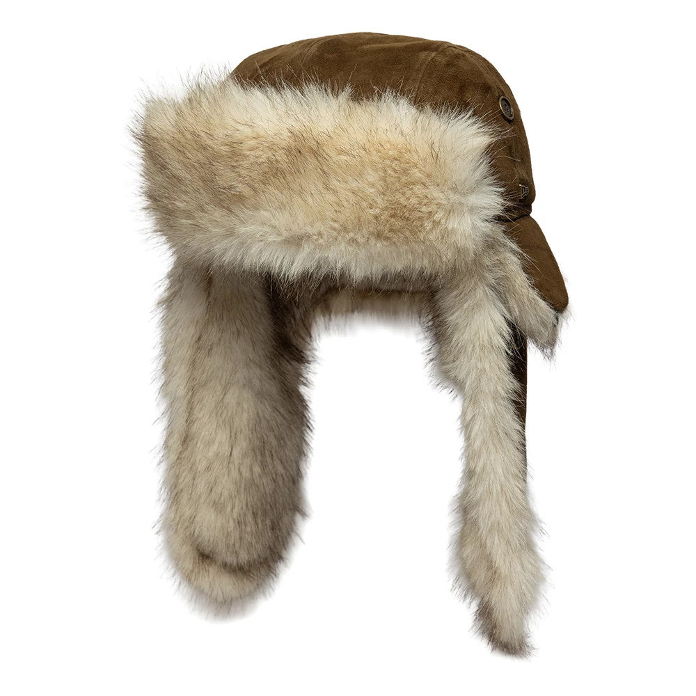 Pictured is this New Era Suede Trapper hat in brown. 1