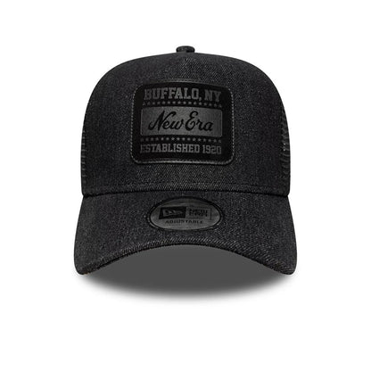 Pictured is this New Era Patch Denim 9FORTY A-Frame Trucker cap in black. 2