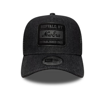 Pictured is this New Era Patch Denim 9FORTY A-Frame Trucker cap in black. 2