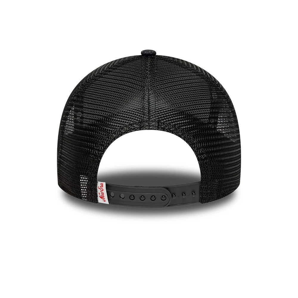 Pictured is this New Era Patch Denim 9FORTY A-Frame Trucker cap in black. 4