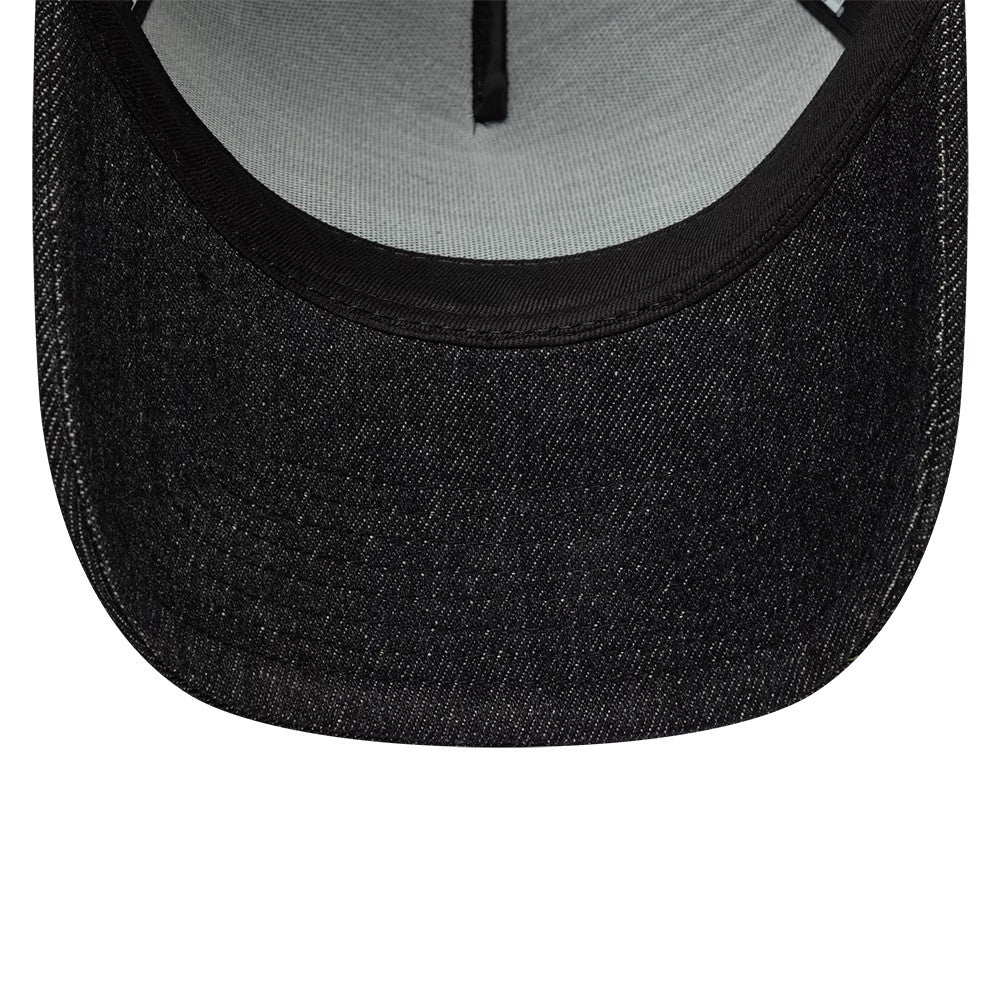 Pictured is this New Era Patch Denim 9FORTY A-Frame Trucker cap in black. 5
