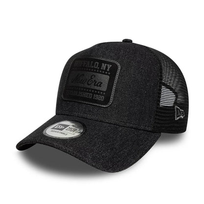 Pictured is this New Era Patch Denim 9FORTY A-Frame Trucker cap in black. 1