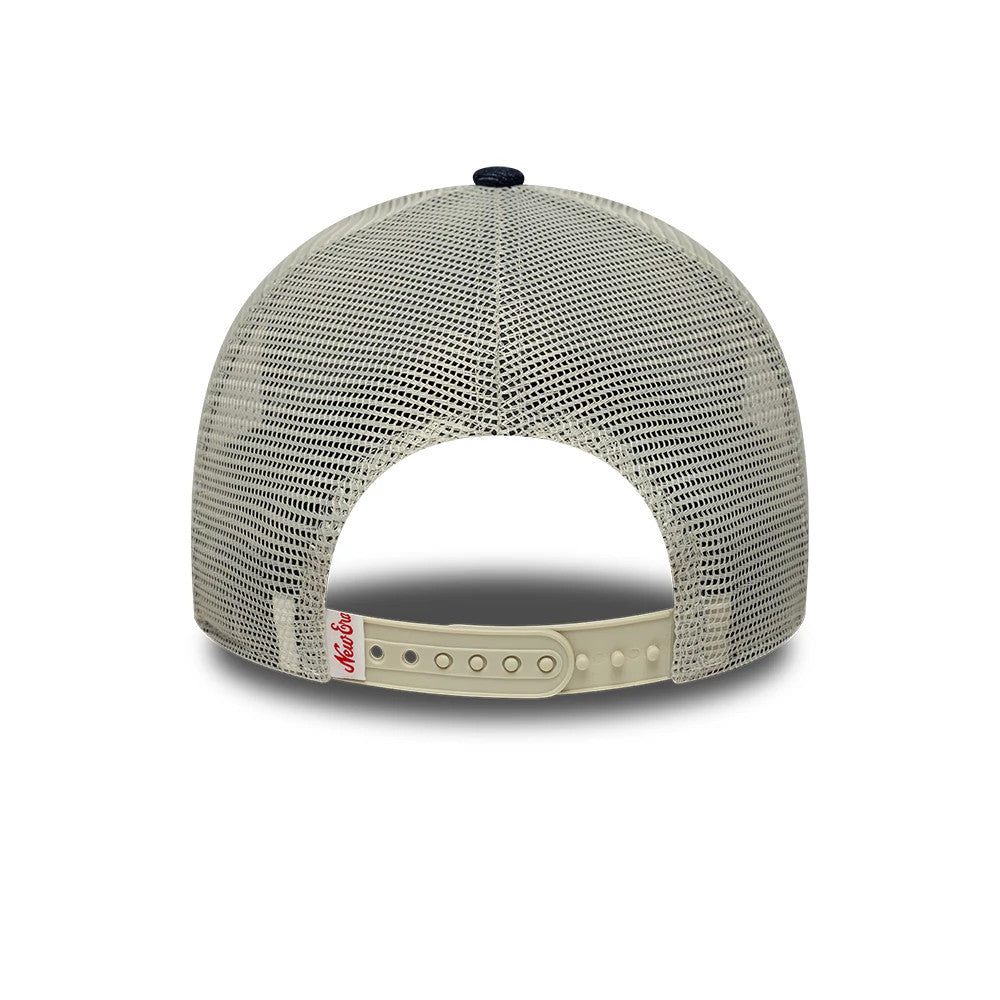 Pictured is this New Era Patch Denim 9FORTY A-Frame Trucker cap in dark blue. 4