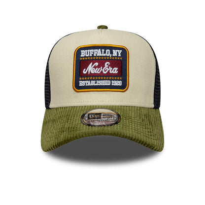 Pictured is this New Era Patch Cord 9FORTY A-Frame Trucker cap in cream & green. 2