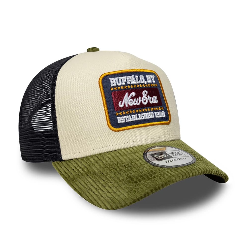 Pictured is this New Era Patch Cord 9FORTY A-Frame Trucker cap in cream. 3