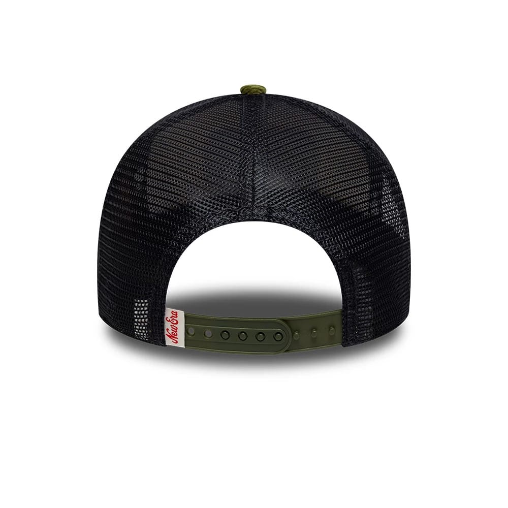 Pictured is this New Era Patch Cord 9FORTY A-Frame Trucker cap in cream. 4