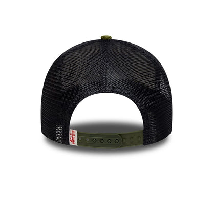 Pictured is this New Era Patch Cord 9FORTY A-Frame Trucker cap in cream & green. 4