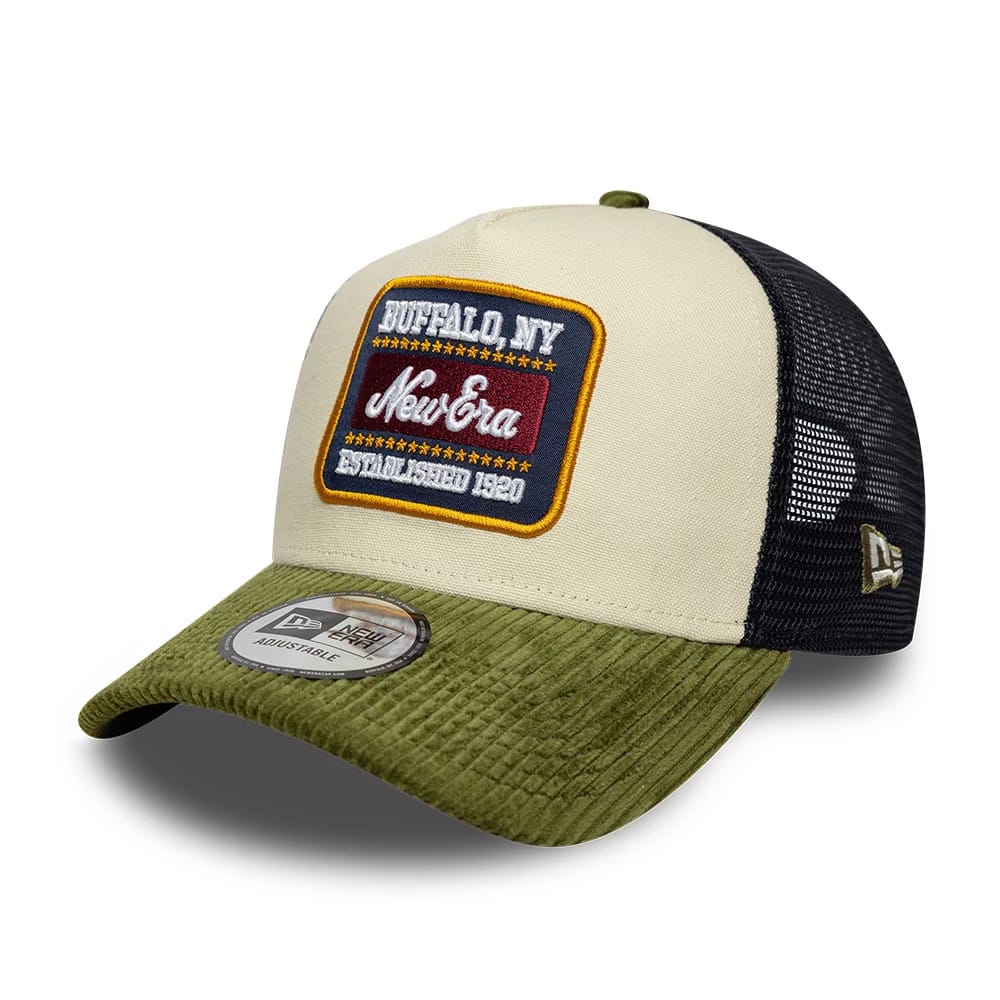 Pictured is this New Era Patch Cord 9FORTY A-Frame Trucker cap in cream. 1