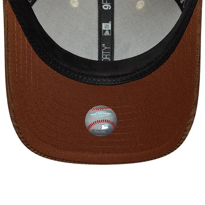 New York Yankees MLB Cord Cream & Brown New Era 9FORTY M-Crown Adjustable Cap, inside view showing the black undervisor, contrasting grey sweatband with New Era and 9FORTY taping, and an MLB holographic sticker on the brown fabric.
