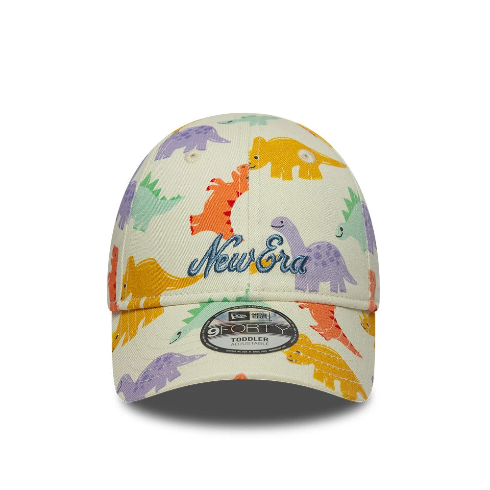 Pictured is this Toddler New Era All Over Dino 9FORTY cap in cream. 2