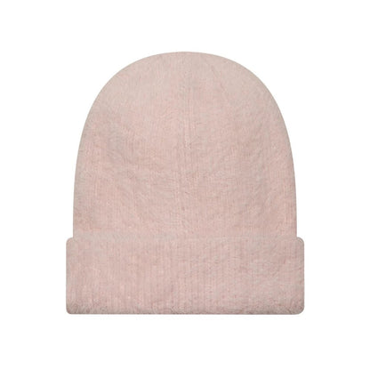 Pictured is this Womens MLB Fluffy Mohair New York Yankees Cuff Knit Beanie hat in pastel pink. 2