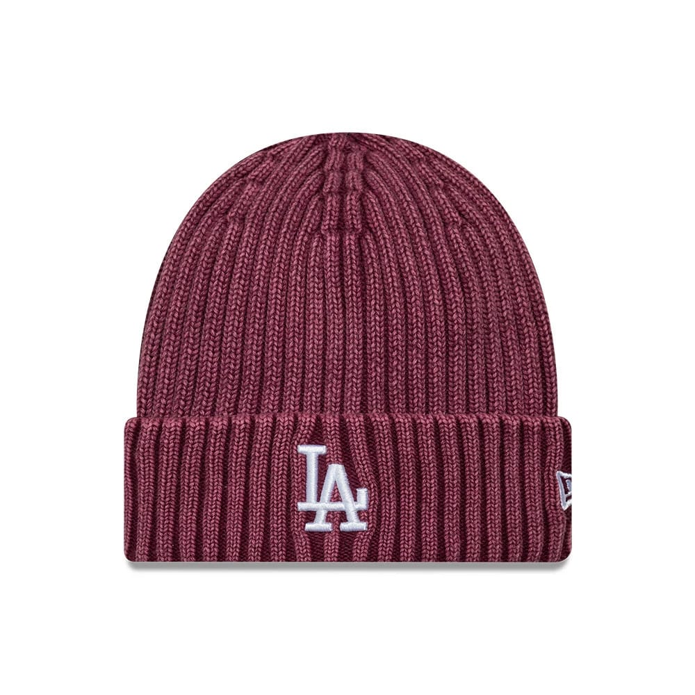 Pictured is this MLB Washed LA Dodgers Cuff Knit Beanie hat in dark red. 1