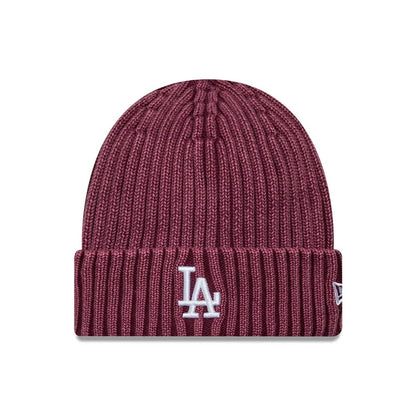 Pictured is this MLB Washed LA Dodgers Cuff Knit Beanie hat in dark red. 1