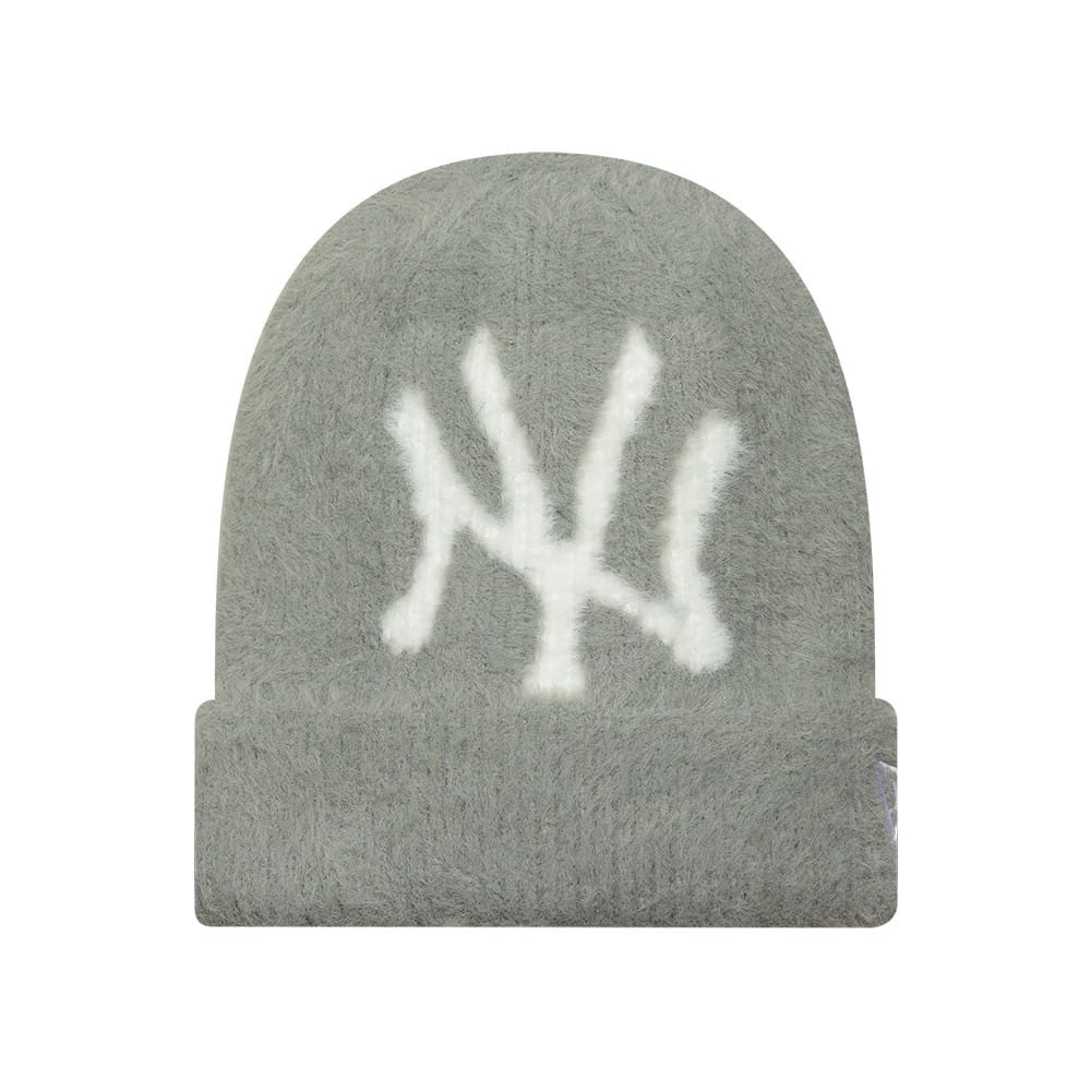 Pictured is this Womens MLB Fluffy Mohair New York Yankees Cuff Knit Beanie hat in grey. 1