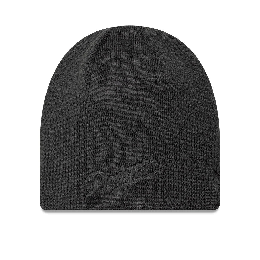 Pictured is this MLB Script LA Dodgers Skull Knit Beanie hat in charcoal. 1