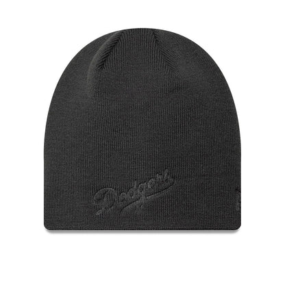 Pictured is this MLB Script LA Dodgers Skull Knit Beanie hat in charcoal. 1