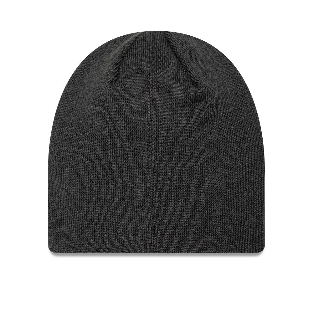 Pictured is this MLB Script LA Dodgers Skull Knit Beanie hat in charcoal. 2