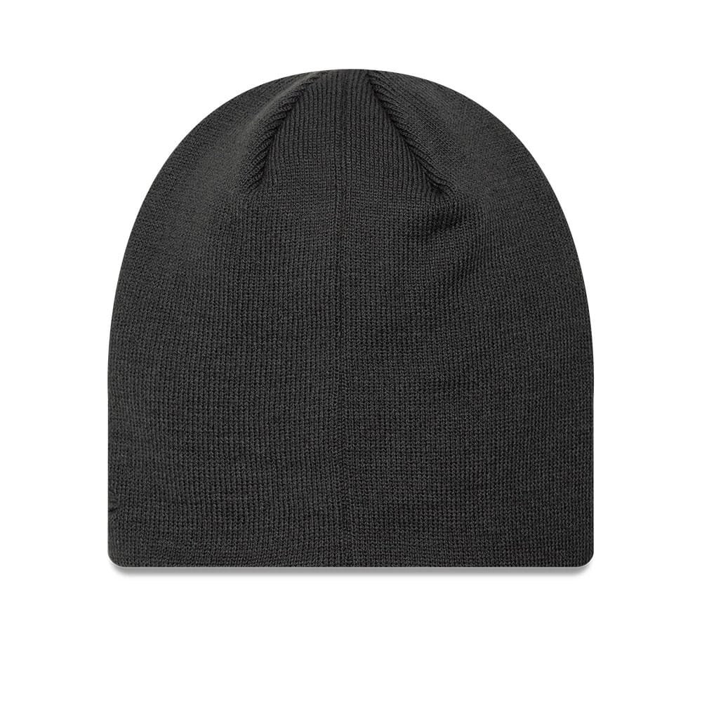 Pictured is this MLB Script LA Dodgers Skull Knit Beanie hat in charcoal. 2