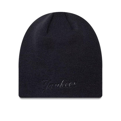 Pictured is this MLB Script New York Yankees Skull Knit Beanie hat in navy. 1
