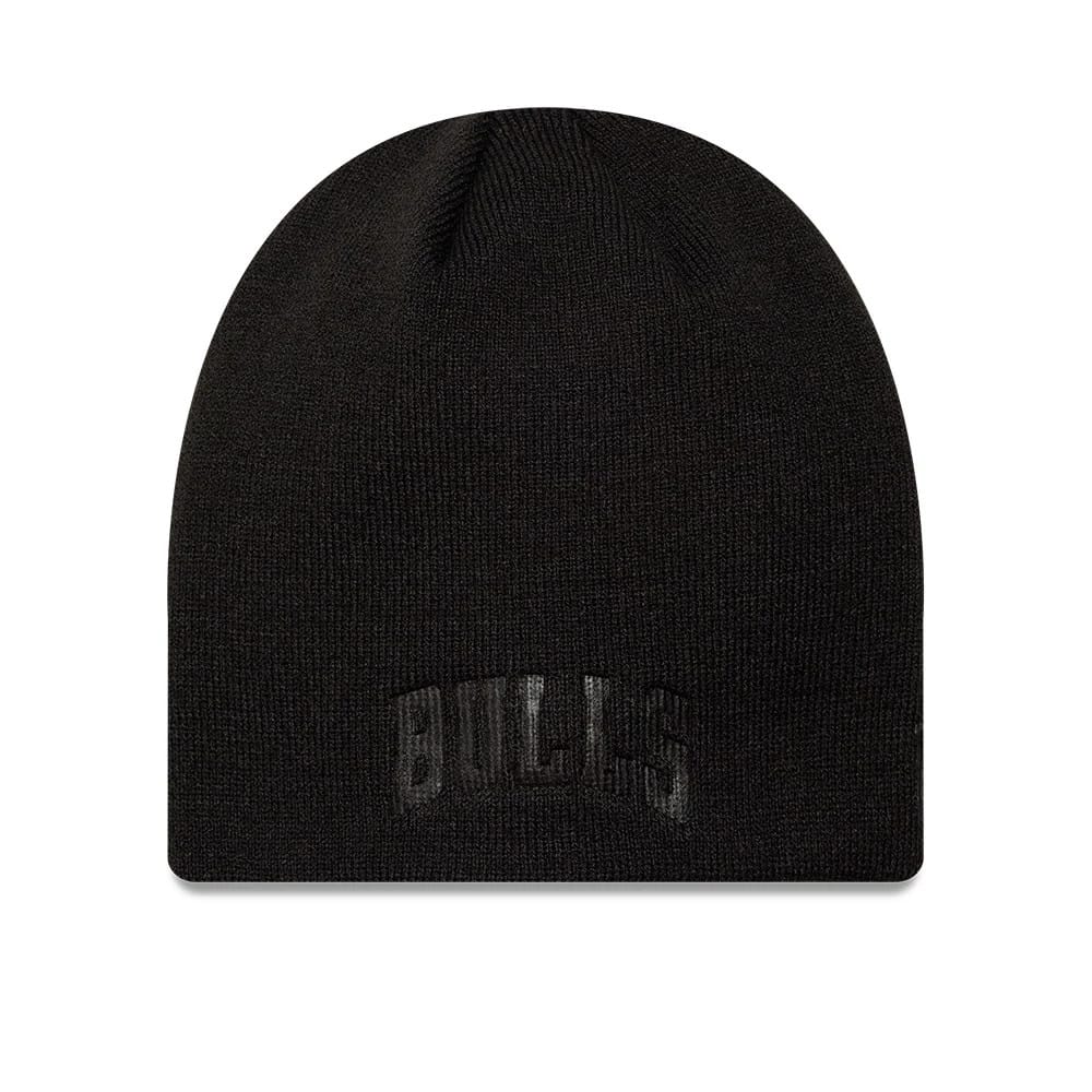 Pictured is this NBA wordmark Chicago Bulls Skull Knit Beanie hat in black. 1