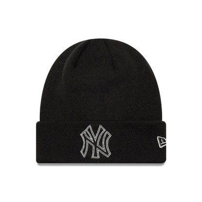 Pictured is this MLB Metallic Outline New York Yankees Cuff Knit Beanie hat in black. 1