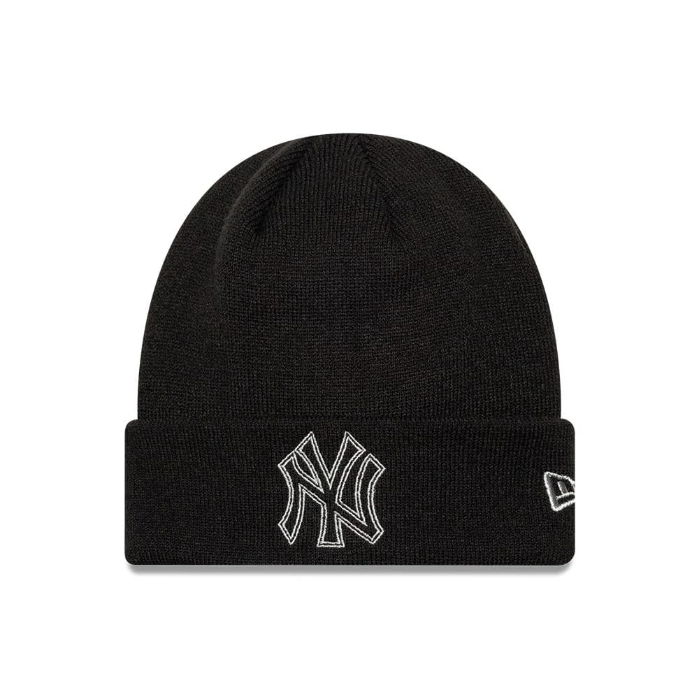 Pictured is this MLB Metallic Outline New York Yankees Cuff Knit Beanie hat in black. 1