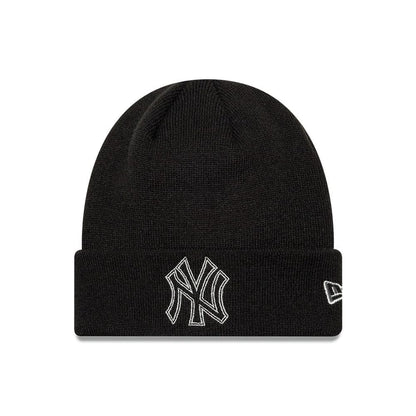 Pictured is this MLB Metallic Outline New York Yankees Cuff Knit Beanie hat in black. 1