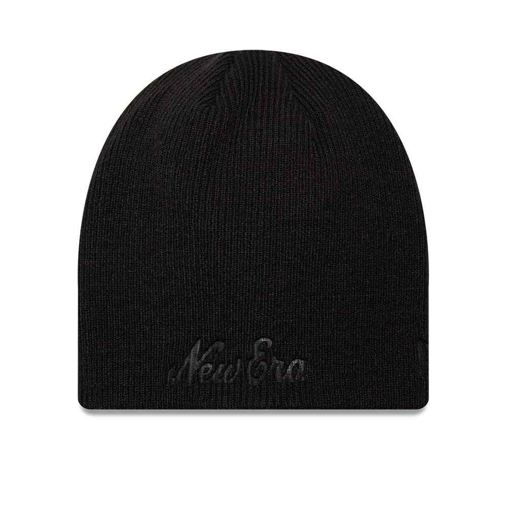 Pictured is this New Era Script Skull Knit Beanie hat in black. 1