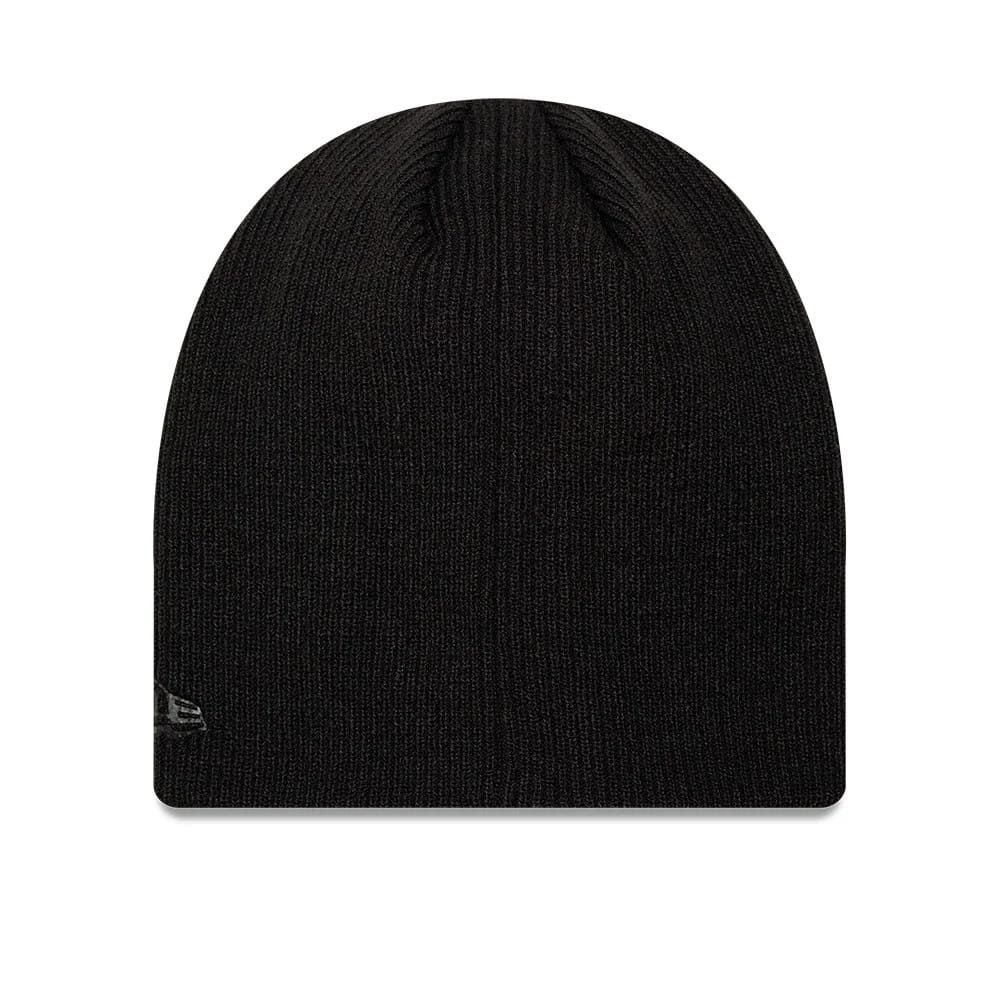 Pictured is this New Era Script Skull Knit Beanie hat in black. 2