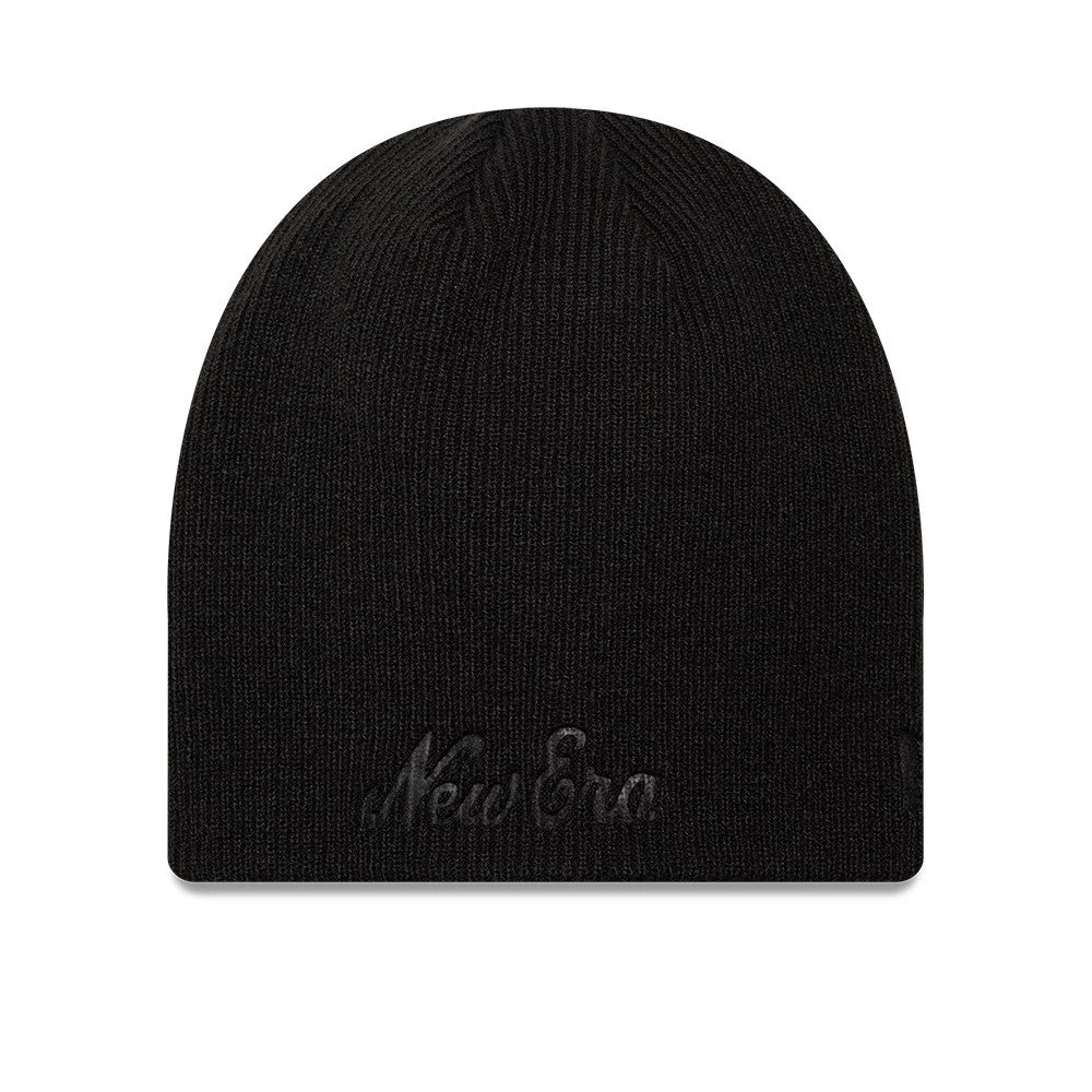 New Era Script Black Skull Knit Beanie Hat, front view showing the black embroidered New Era script logo across the lower edge of the ribbed knit fabric, with a rounded crown and a seam detail running vertically down the back.