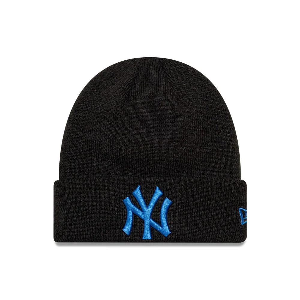 Pictured is this Youth MLB League Essential New York Yankees Cuff Knit Beanie hat in black. 1