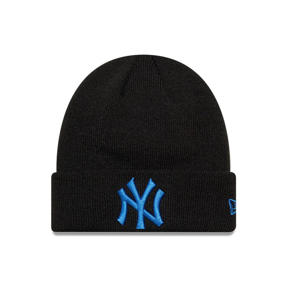Pictured is this Youth MLB League Essential New York Yankees Cuff Knit Beanie hat in black. 1