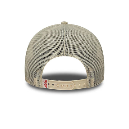 Pictured is this Womens New Era Velour 9FORTY M-Crown A-Frame Trucker cap in cream. 4