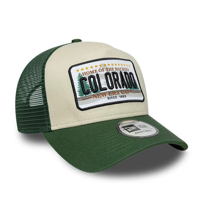 Pictured is this New Era Licence Plate 9FORTY A-Frame Trucker cap in dark green. 3