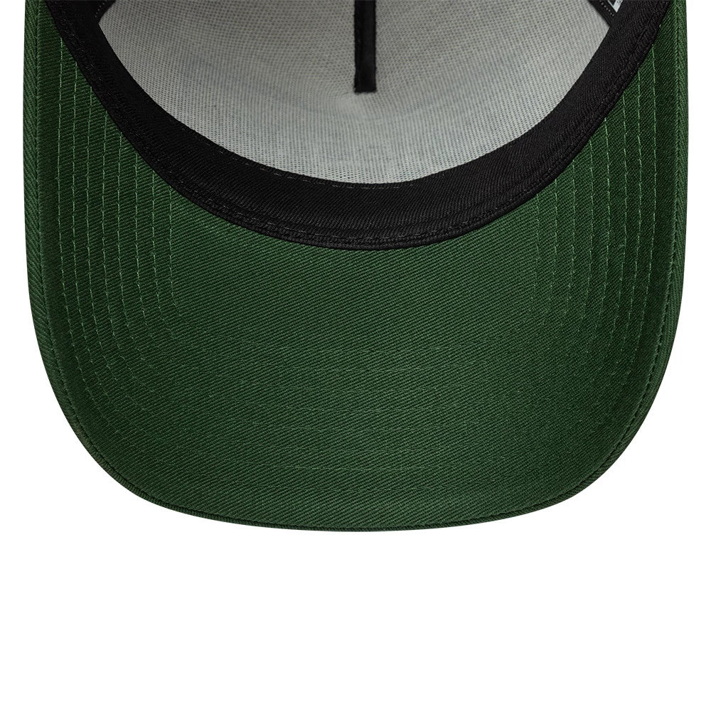 New Era Licence Plate Dark Green 9FORTY A-Frame Trucker Adjustable Cap, inside view showing a black sweatband against the grey interior, green undervisor with stitching, and the structured shape of the curved visor.
